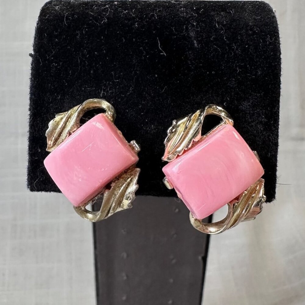 Vintage Coro Pink Thermoset Silver Tone Clip On Earrings
